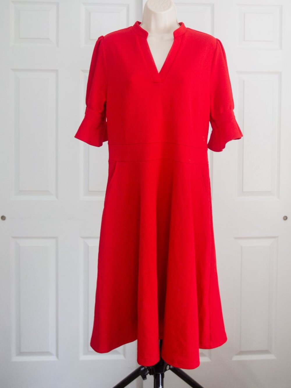 Classic Red V-Neck Fit-and-Flare Dress with Ruffle Sleeves and POCKETS!